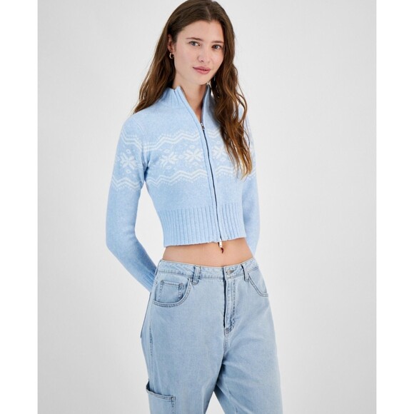 Planet Heart Juniors' Fair Isle Zip-Front Sweater - Nantucket Breeze, M - Picture 1 of 1